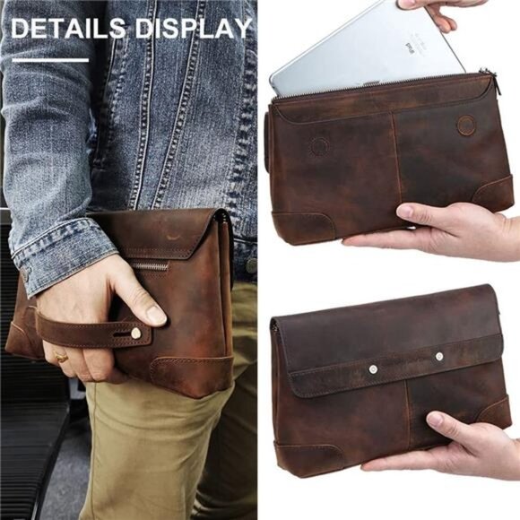 Mens Clutch Bag Genuine Leather ID Card, Hand Clutch Purse Handbag 7.9 inches - Picture 3 of 7